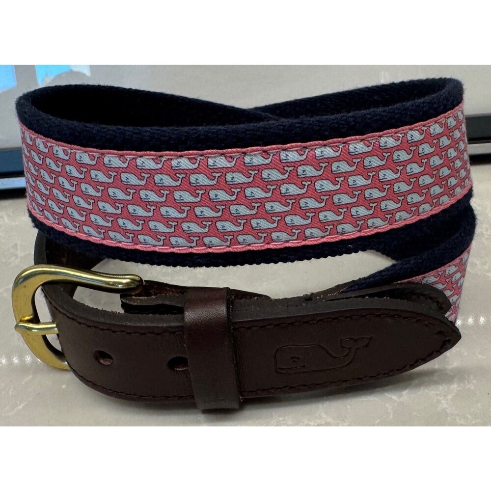 VINEYARD VINES - Blue Whales Brown Leather Canvas Pink Belt - Size 26